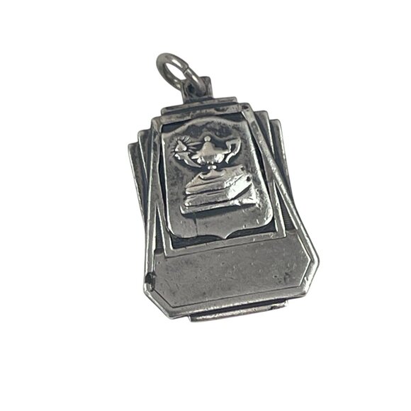 Art Deco Antique Lamp of Knowledge Sterling Silver Scholarly Stack Charm Pendant - Picture 2 of 10